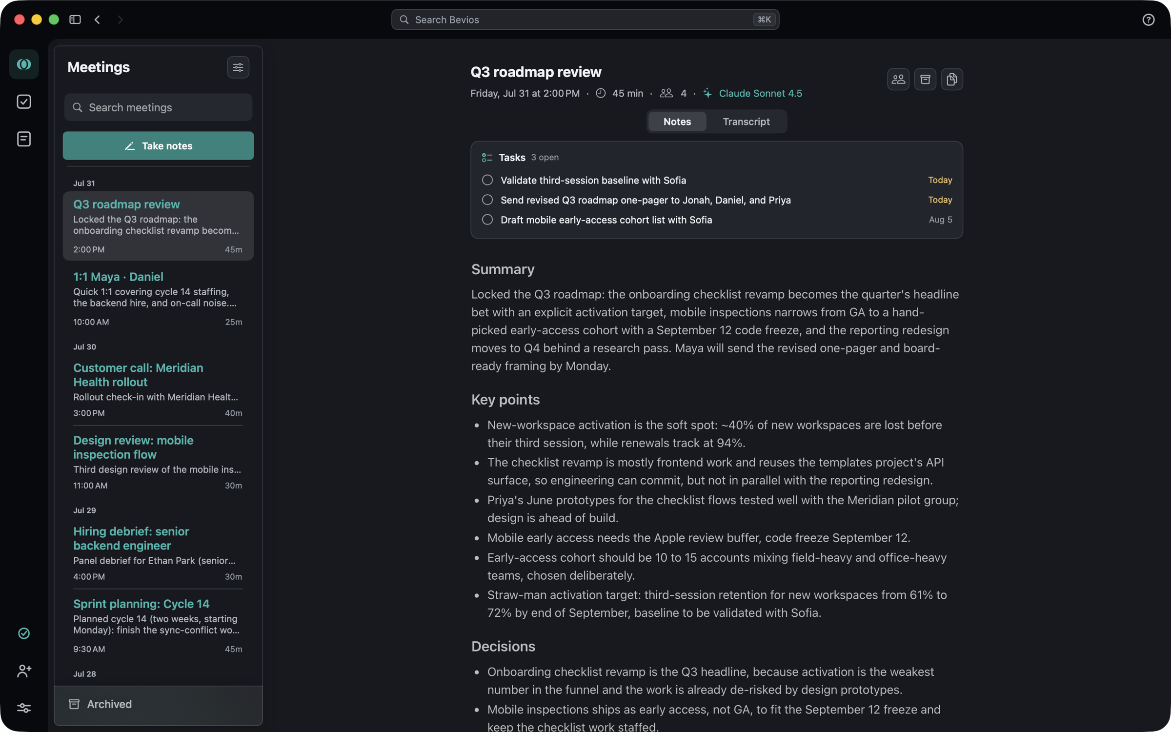 The Bevios window: app rail, meetings sidebar, and an open meeting.
