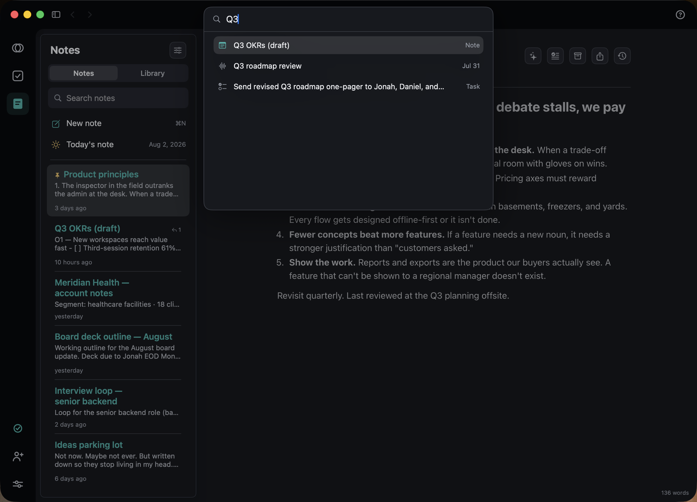 Bevios with a note open and Quick Open searching: one list returning a note, a meeting and a task together.