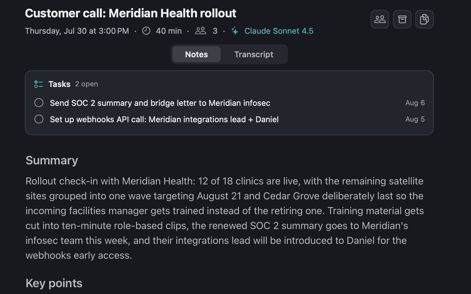 A finished meeting: the notes pane, the Tasks card, and the metadata header.