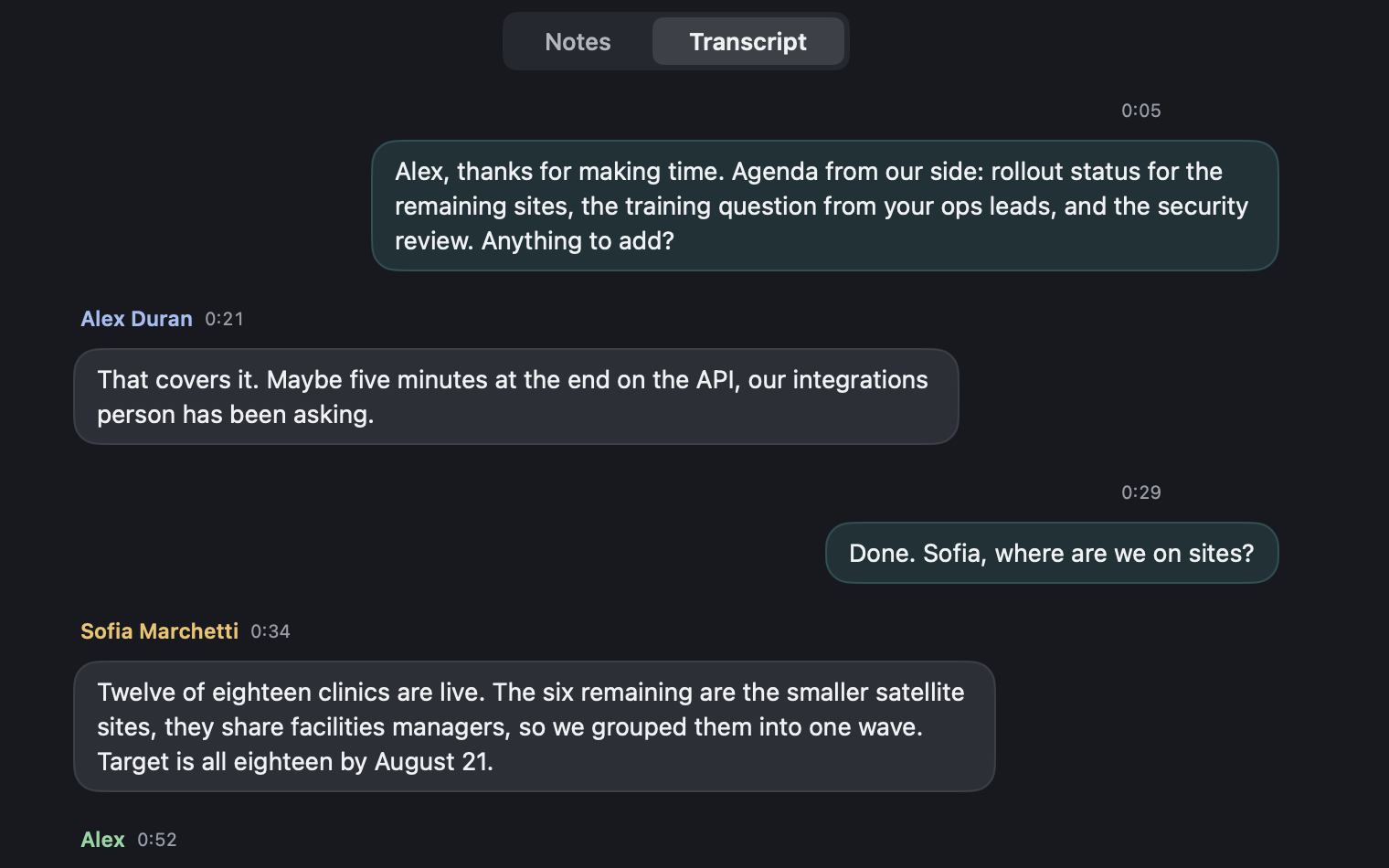 Transcript bubbles with speaker names and timestamps.