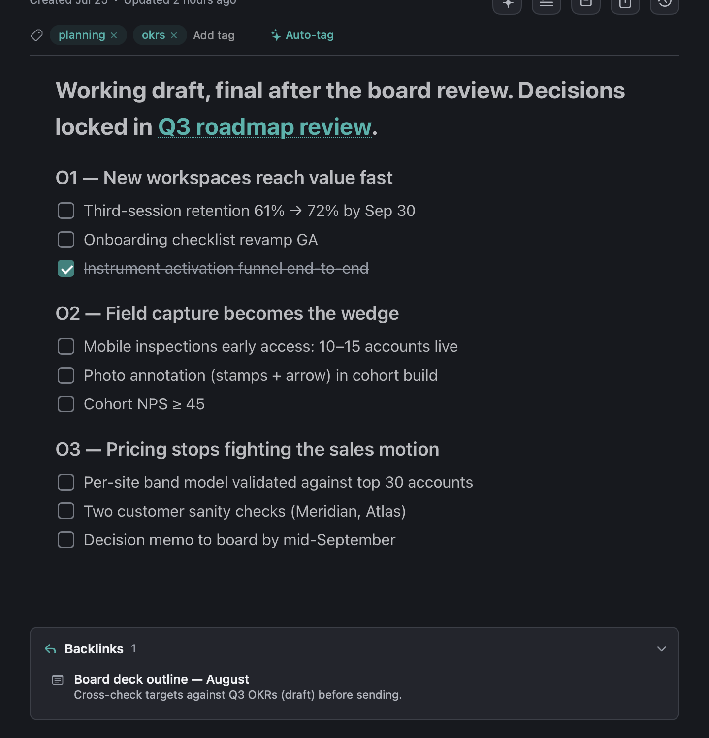 An open note: tags, a linked note in the body, a checklist, and the Backlinks card.
