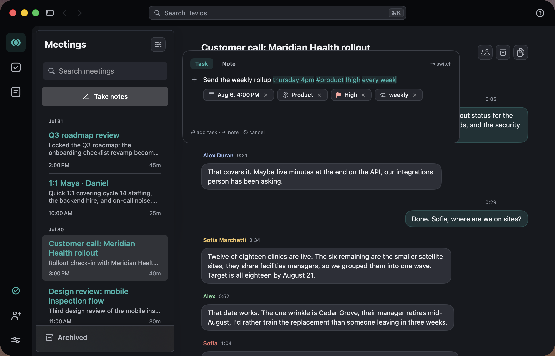 The capture panel over an open meeting: one typed line resolving into date, list, priority and repeat chips.