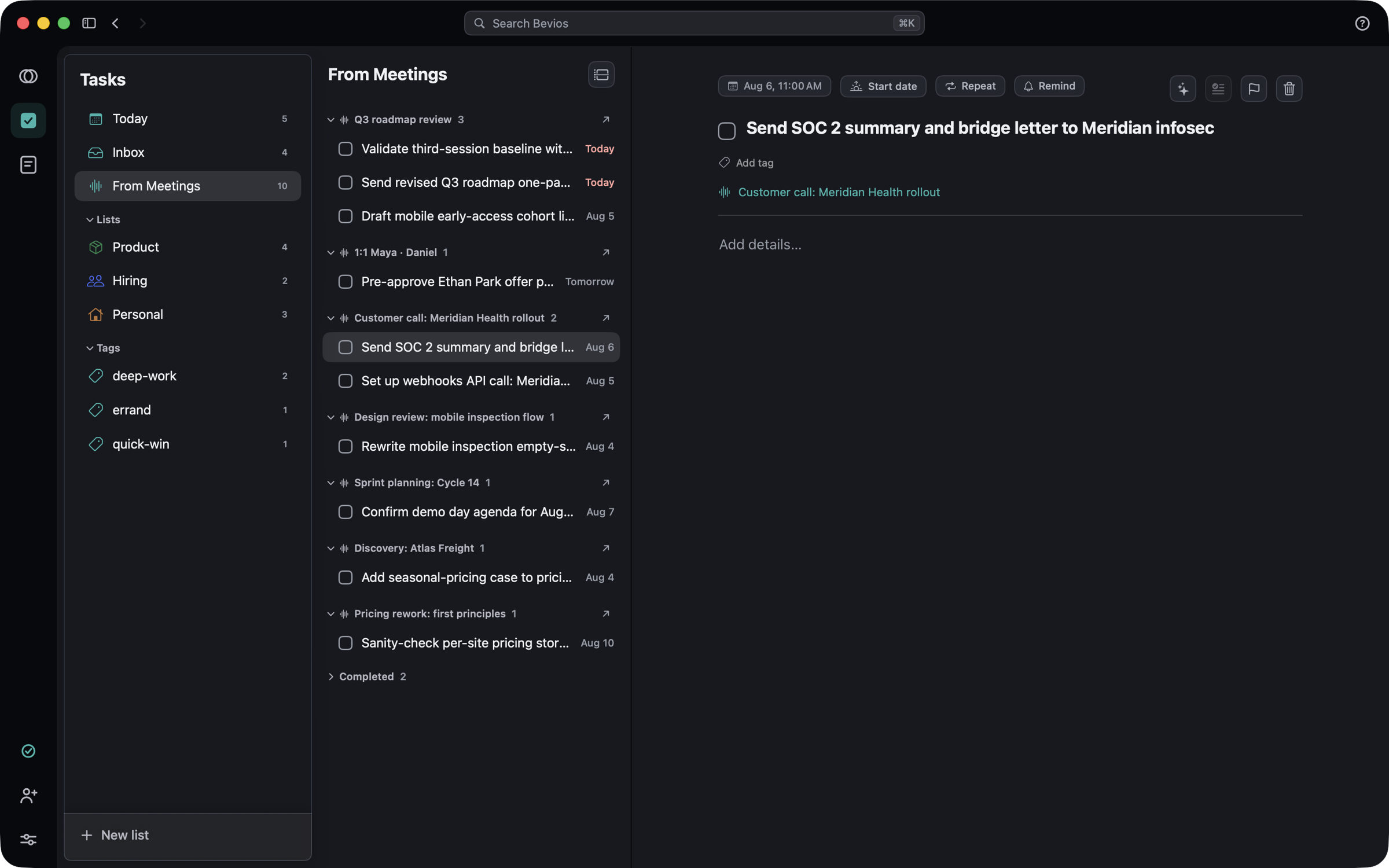 The Tasks app: action items grouped under the meetings they came from, and an open task linking back to its source meeting.